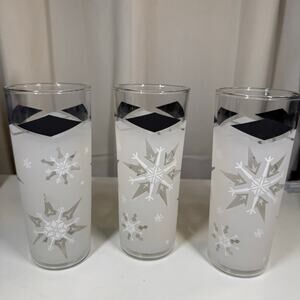 Vintage Mid-Century Atomic Frosted Snowflake Tom Collins Glasses Set of 3 Winter